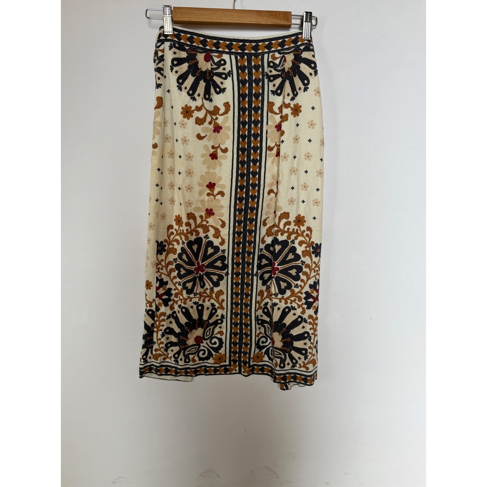 Farm Rio Cream Flower Fan Tapestry Printed Linen Wrap Midi Skirt Small Cream - Picture 7 of 7